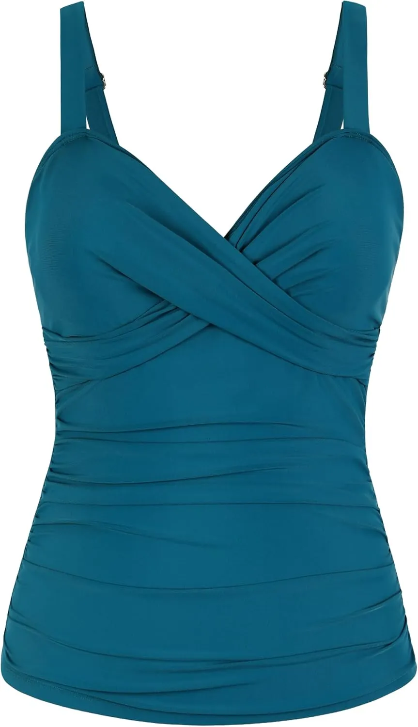Firpearl Womens Underwire Tankini Top Only Twist V Neck Swimsuits for Big Busted Ruched Tummy Control Bathing Suit Tops
