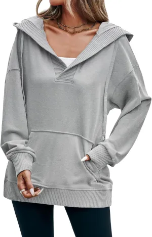 Fisoew Womens Casual Oversized Hoodies V Neck Long Sleeve Loose Pullovers Hooded Sweatshirts Tops Active Hoodie Light Grey