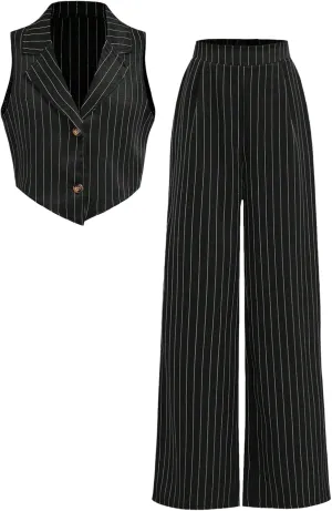 Floerns Girl's 2 Piece Outfits Elegant Striped Sleeveless Suit Vest & Long Elastic Casual Pants Set
