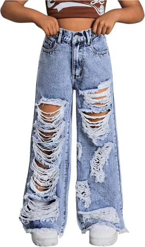 Floerns Girl's Distressed Jeans Baggy Wide Straight Leg Y2k Ripped Denim Pants