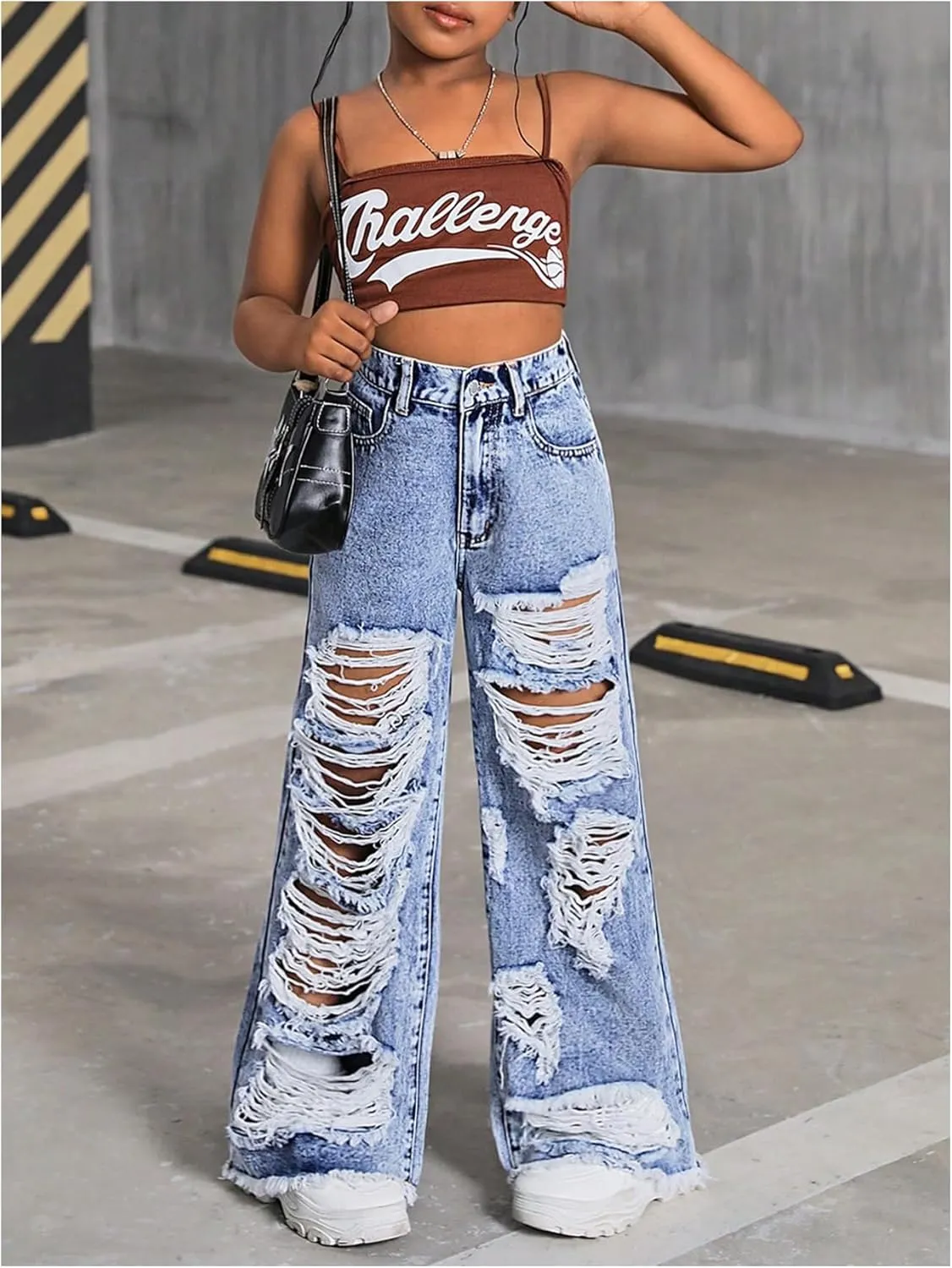Floerns Girl's Distressed Jeans Baggy Wide Straight Leg Y2k Ripped Denim Pants