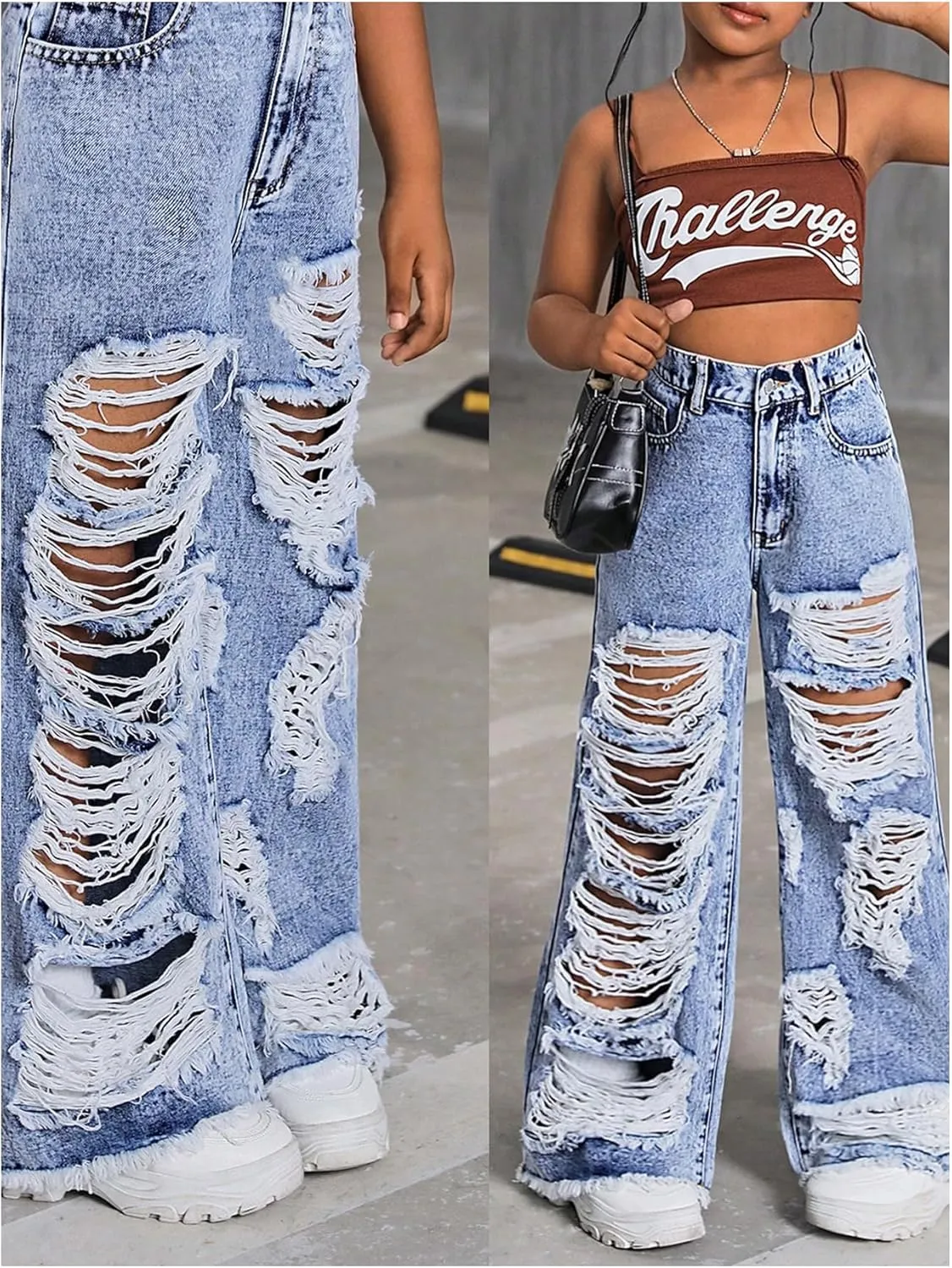Floerns Girl's Distressed Jeans Baggy Wide Straight Leg Y2k Ripped Denim Pants