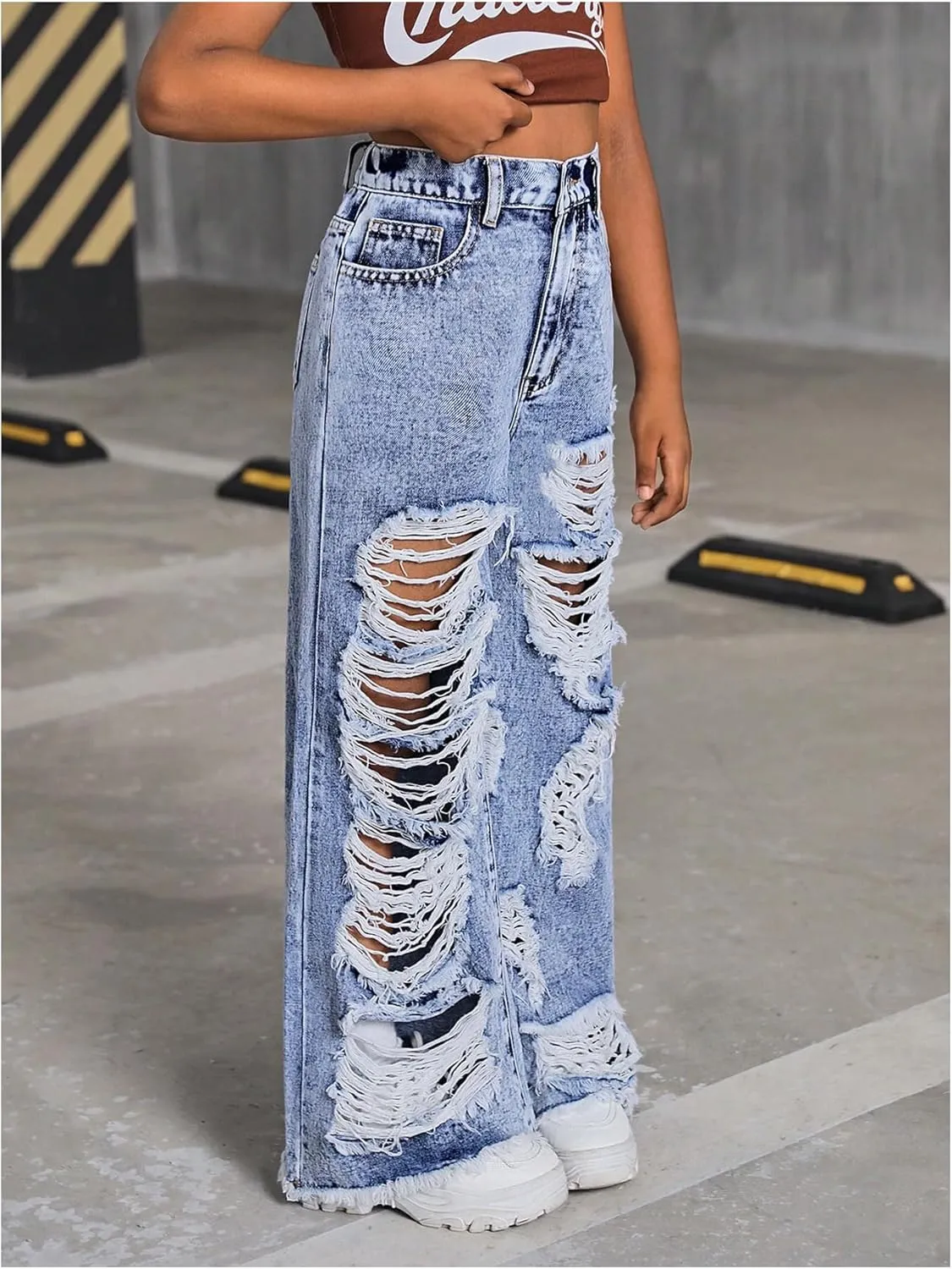 Floerns Girl's Distressed Jeans Baggy Wide Straight Leg Y2k Ripped Denim Pants
