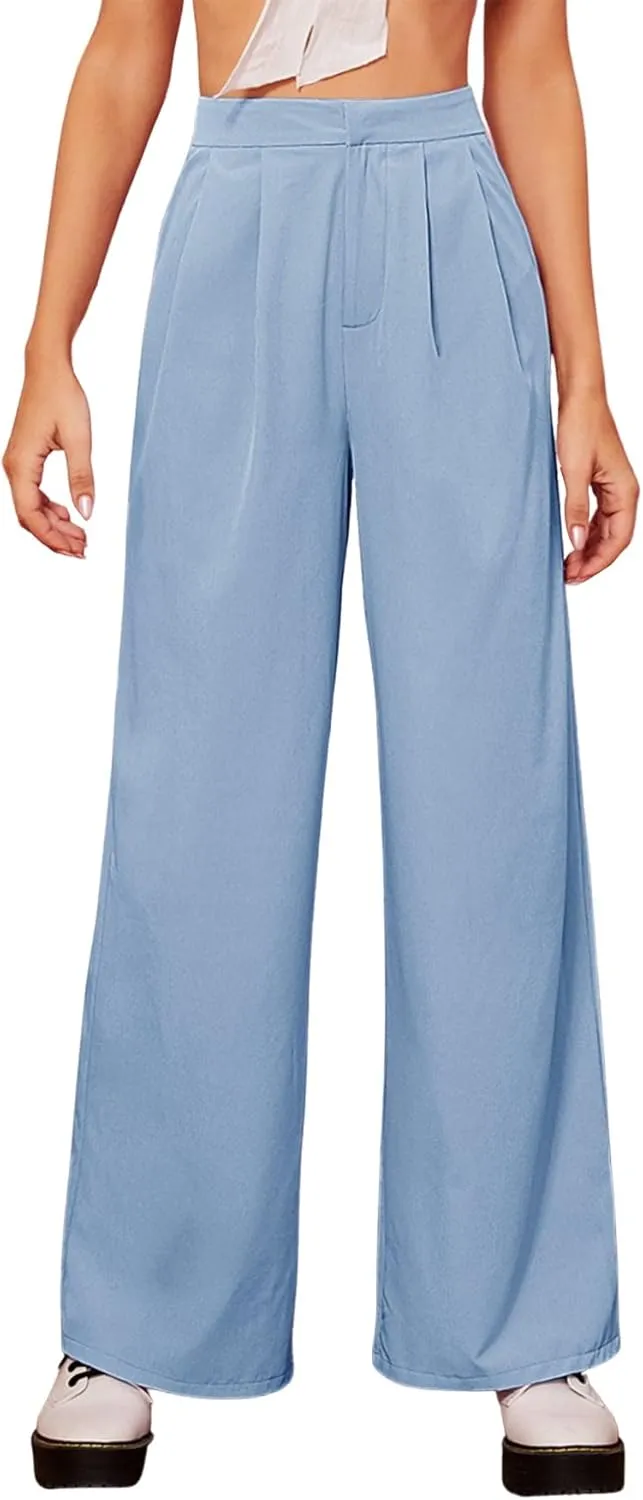 Floerns Women's Casual High Waisted Pleated Wide Leg Palazzo Pants Trousers