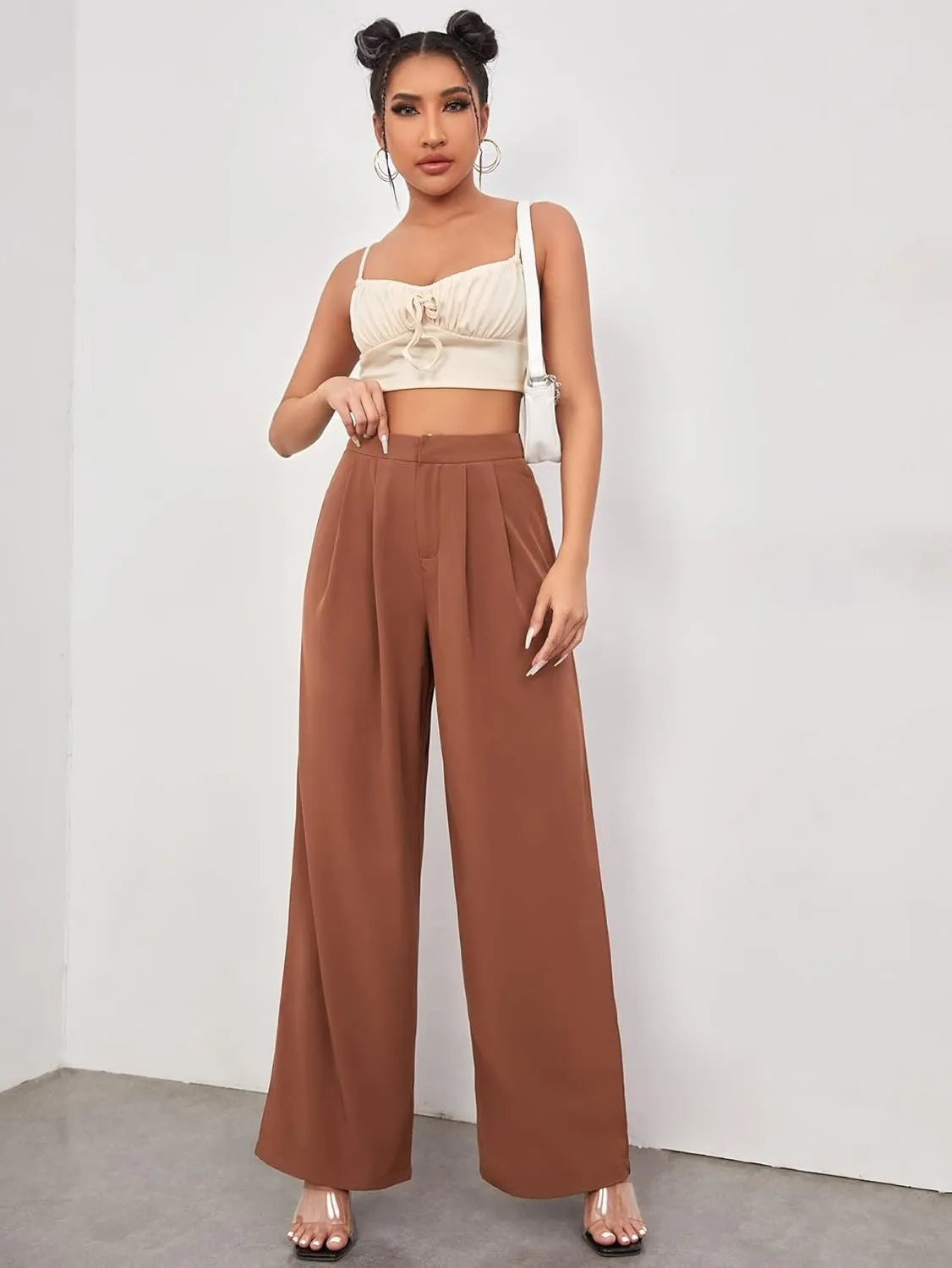 Floerns Women's Casual High Waisted Pleated Wide Leg Palazzo Pants Trousers
