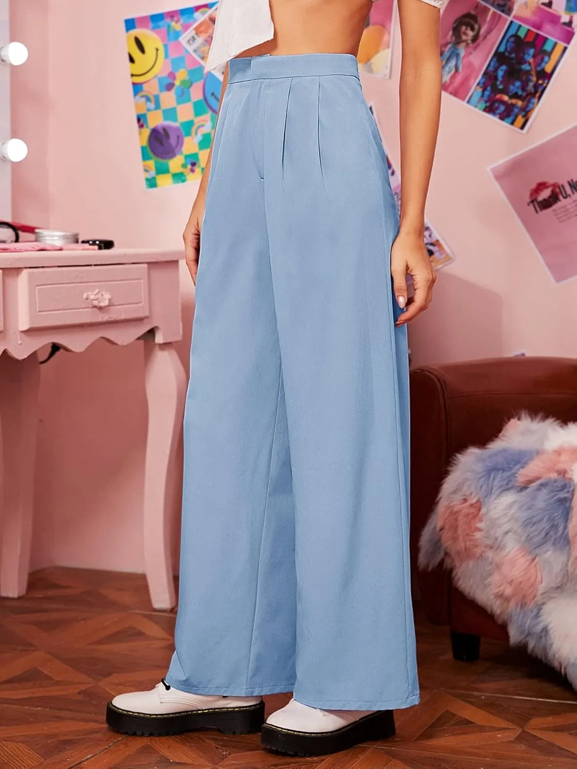 Floerns Women's Casual High Waisted Pleated Wide Leg Palazzo Pants Trousers