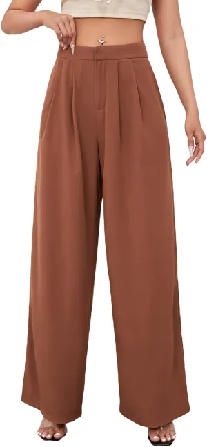 Floerns Women's Casual High Waisted Pleated Wide Leg Palazzo Pants Trousers