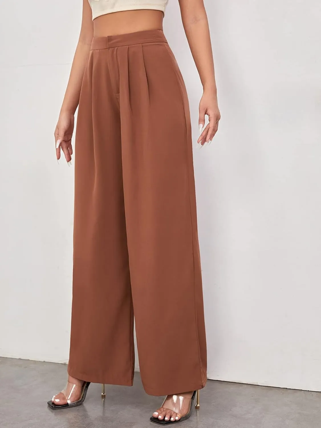 Floerns Women's Casual High Waisted Pleated Wide Leg Palazzo Pants Trousers