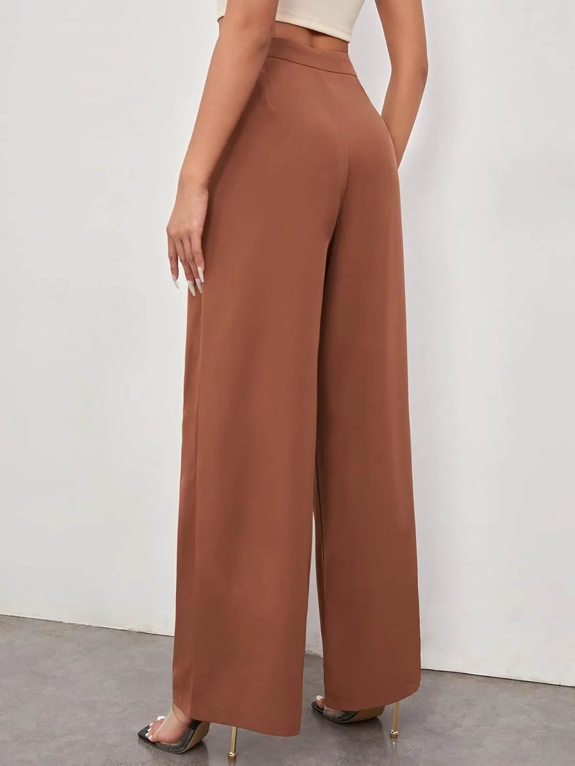 Floerns Women's Casual High Waisted Pleated Wide Leg Palazzo Pants Trousers
