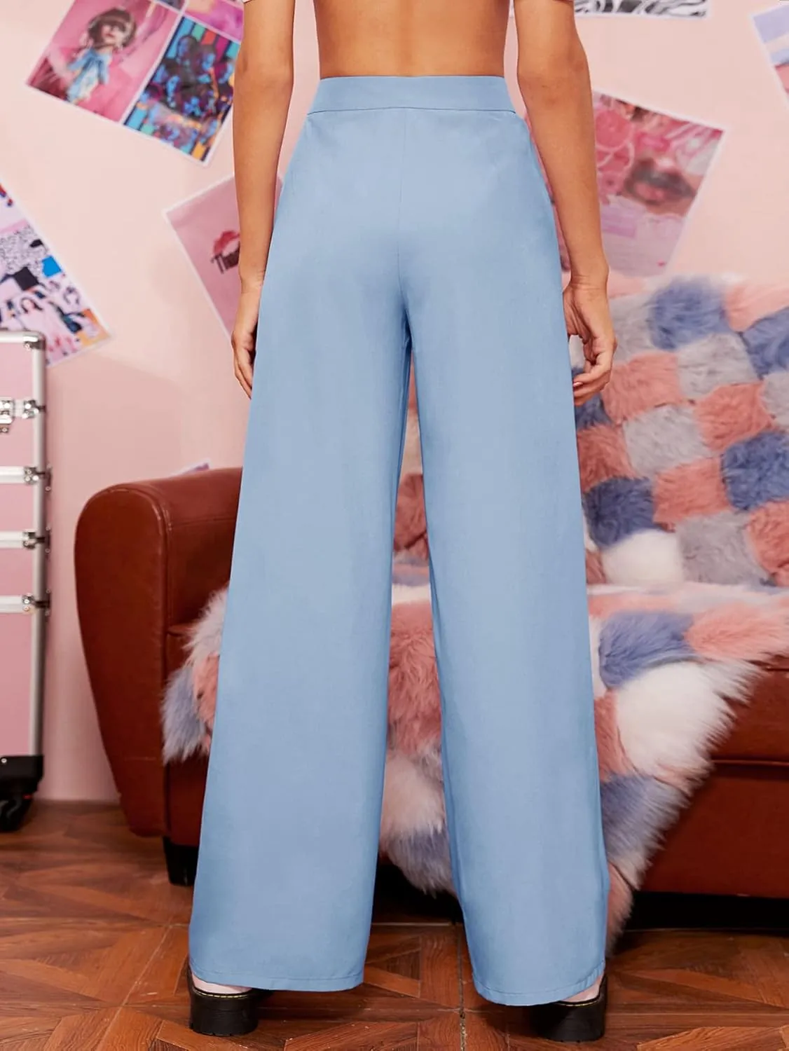 Floerns Women's Casual High Waisted Pleated Wide Leg Palazzo Pants Trousers