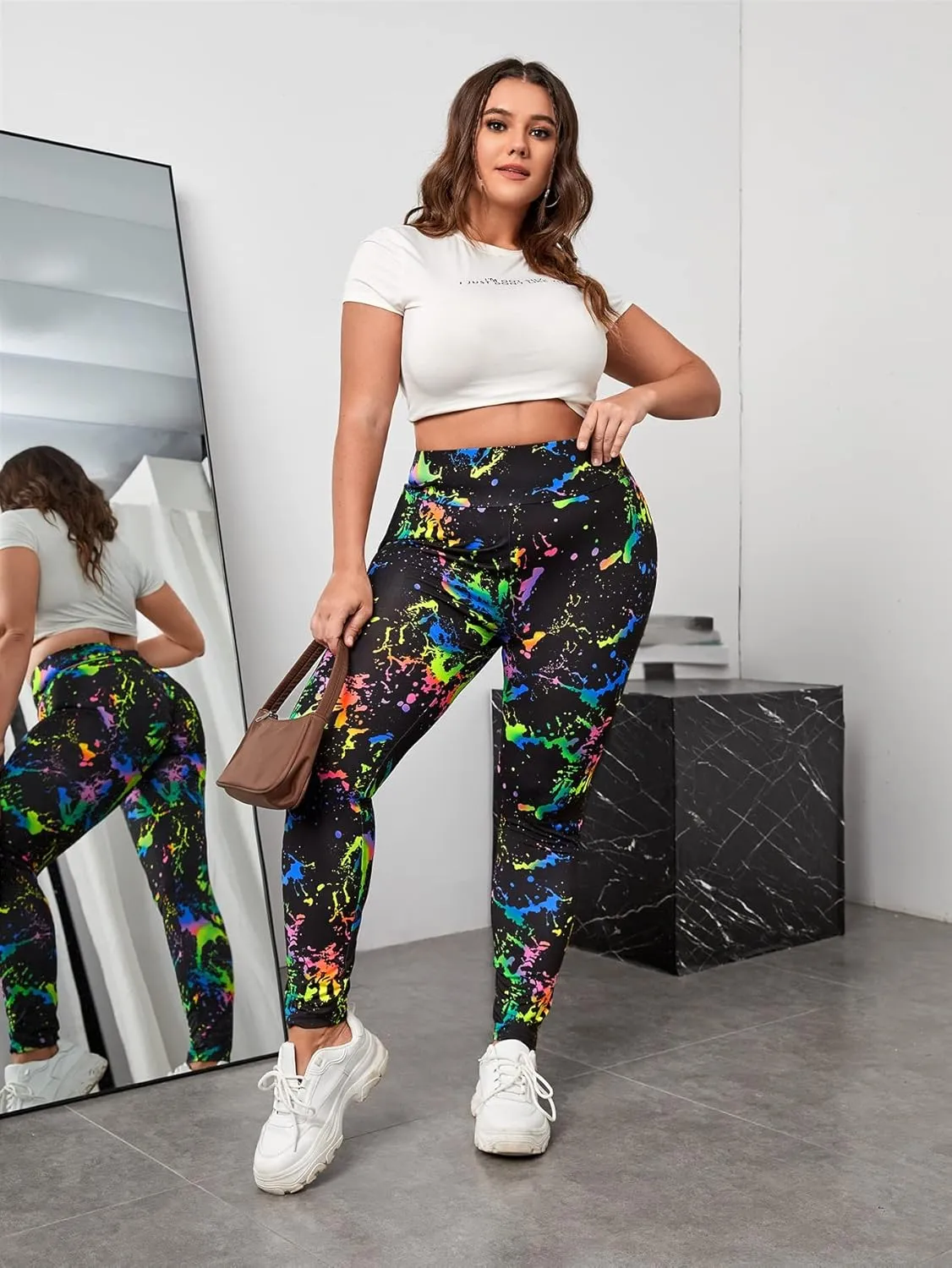 Floerns Women's Plus Size Reflective Splash Ink High Waist Legging Pants