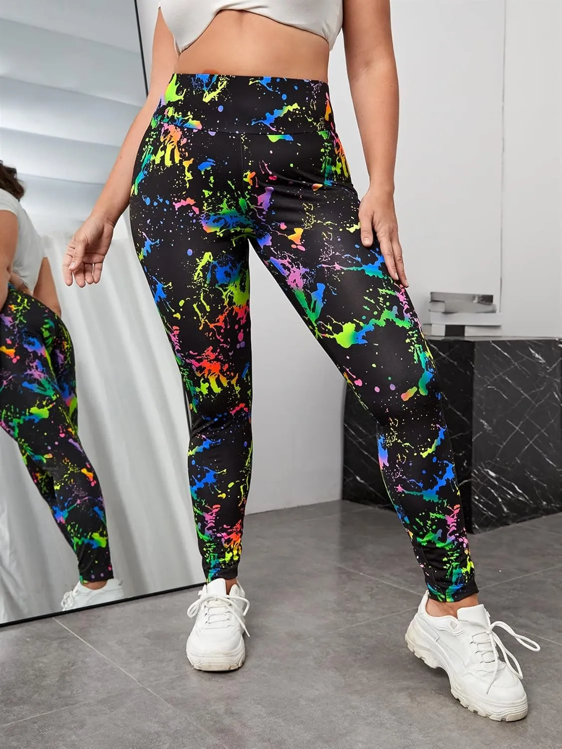 Floerns Women's Plus Size Reflective Splash Ink High Waist Legging Pants