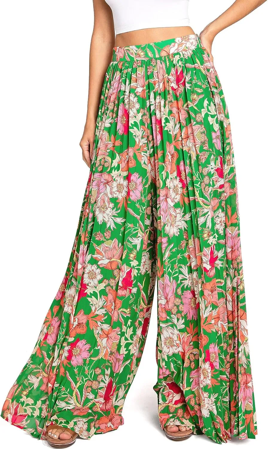 Flying Tomato Women's Tropical Floral Pleated Wide-Leg Dress Pants