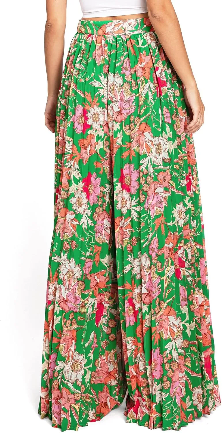 Flying Tomato Women's Tropical Floral Pleated Wide-Leg Dress Pants