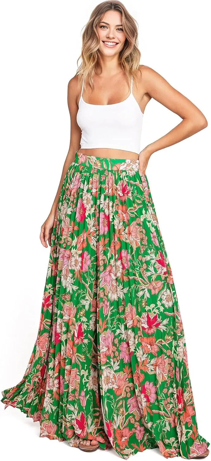Flying Tomato Women's Tropical Floral Pleated Wide-Leg Dress Pants