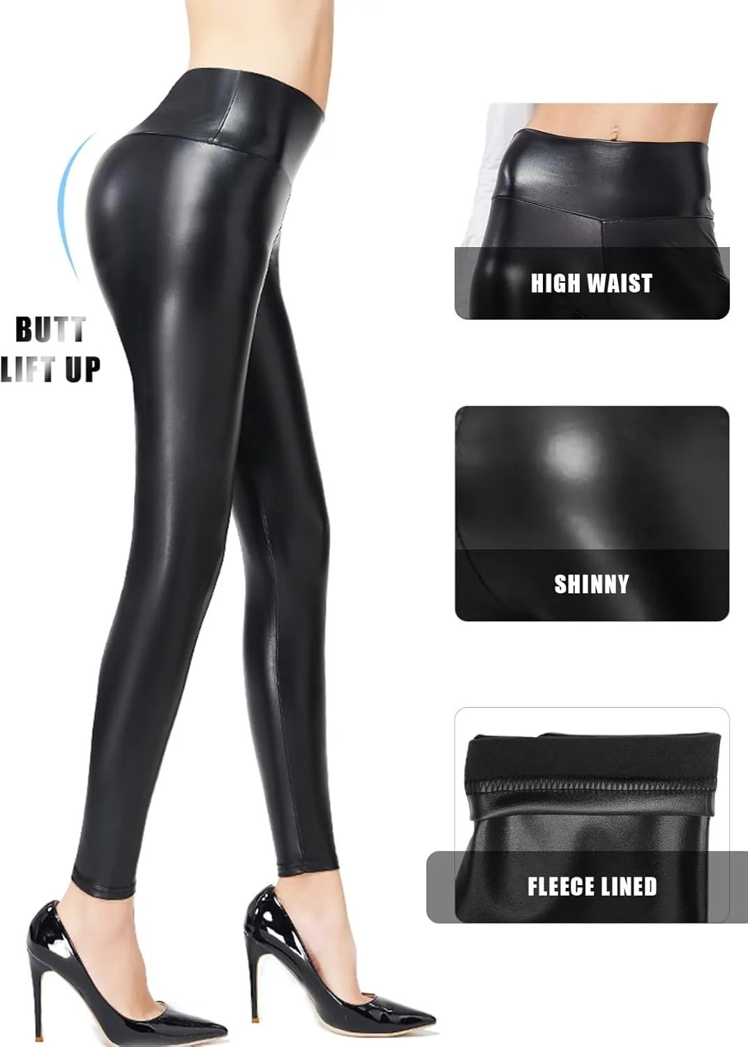 Ginasy Faux Leather Leggings for Women Tummy Control Stretch High Waist Pleather Pants with Thin Fleece Lined