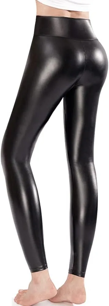 Ginasy Faux Leather Leggings for Women Tummy Control Stretch High Waist Pleather Pants with Thin Fleece Lined