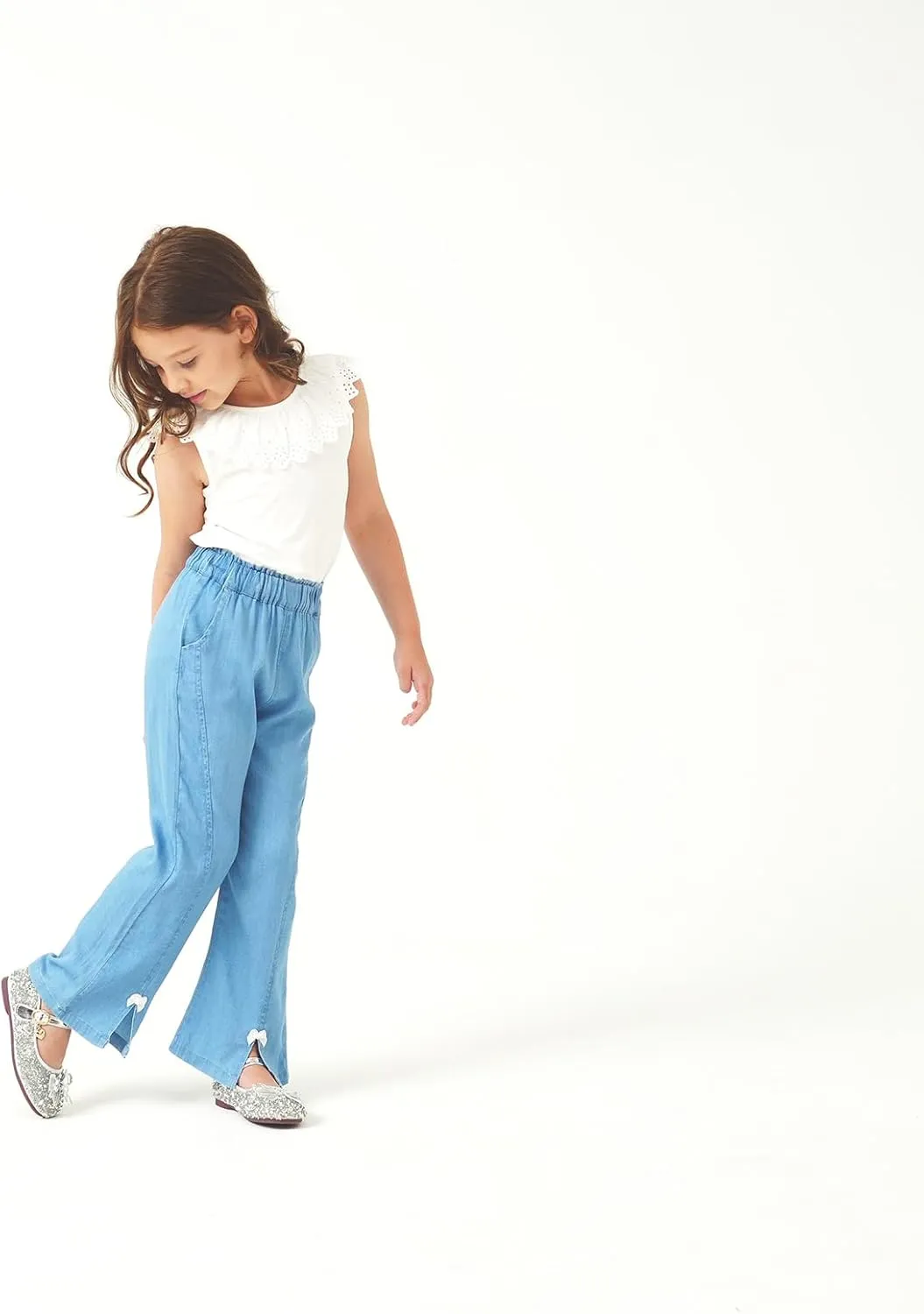 Girls Pants with Pockets Pull On Lightweight Bell Bottoms Straight Leg Baggy Jeans for Girls Flare School Pants