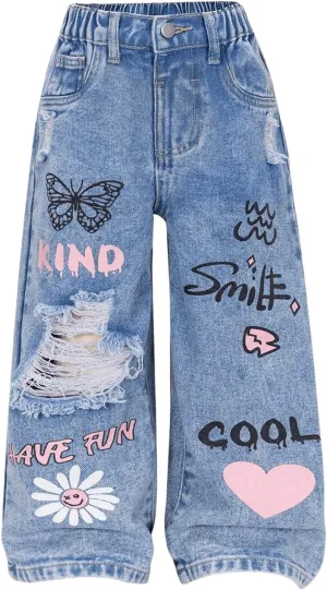 GORGLITTER Girl's Denim Jeans Baggy Graphic Elastic Waist Straight Leg Pants Butterfly Ripped Wide Leg Joggers