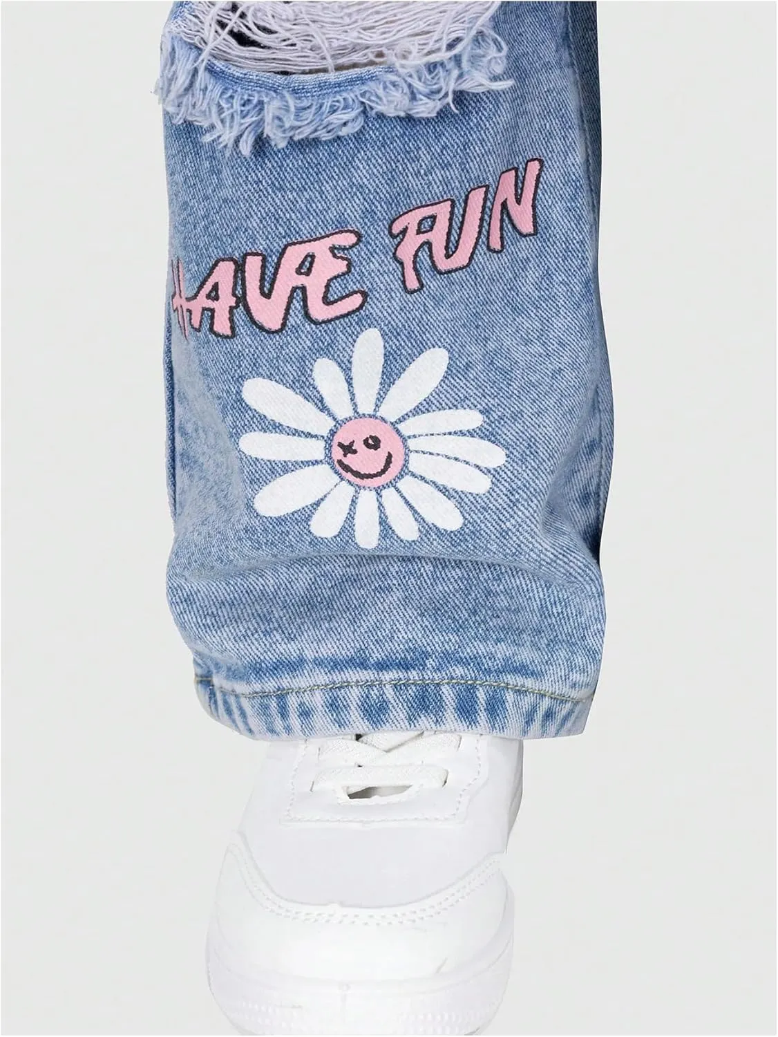 GORGLITTER Girl's Denim Jeans Baggy Graphic Elastic Waist Straight Leg Pants Butterfly Ripped Wide Leg Joggers