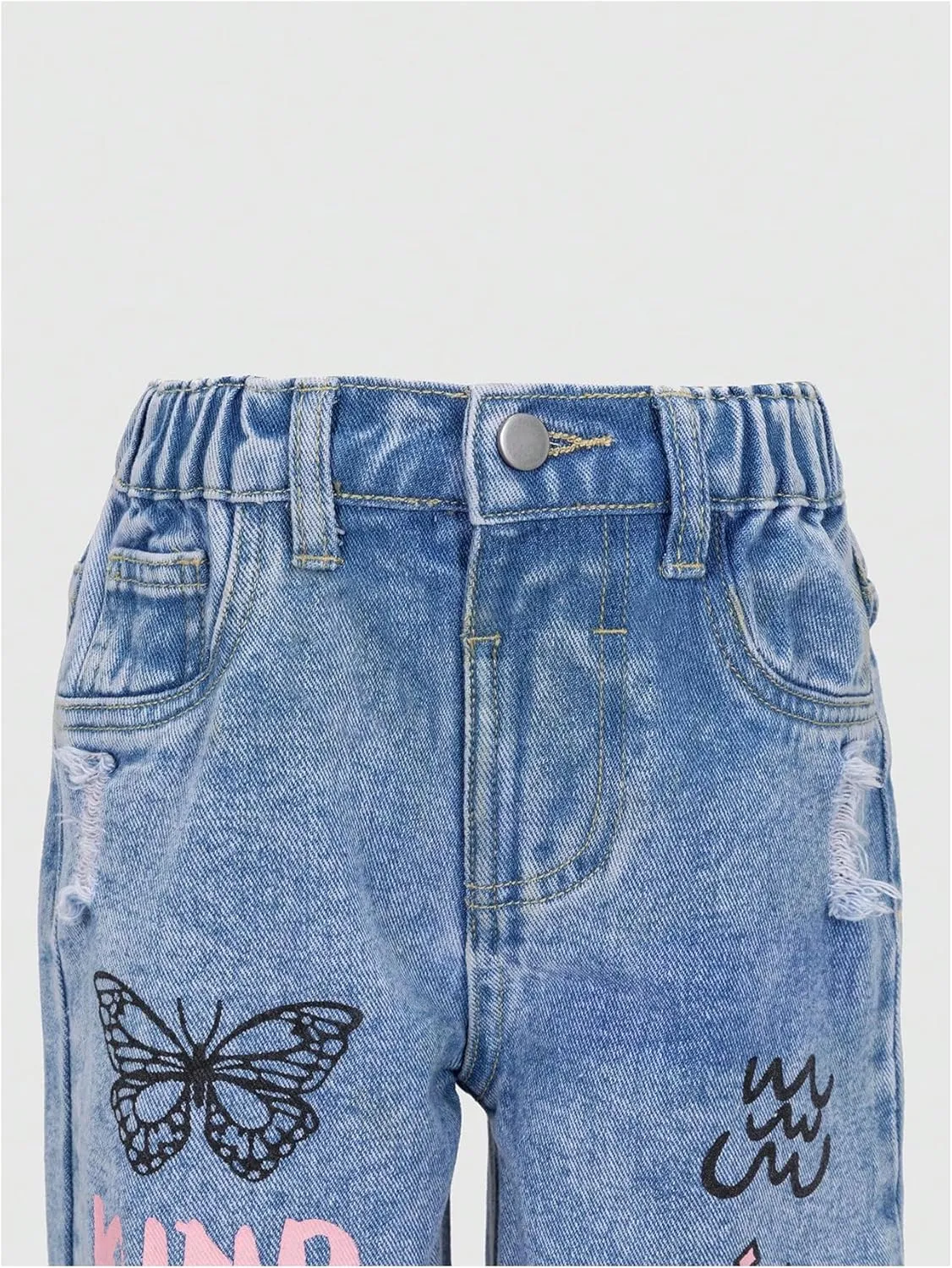GORGLITTER Girl's Denim Jeans Baggy Graphic Elastic Waist Straight Leg Pants Butterfly Ripped Wide Leg Joggers