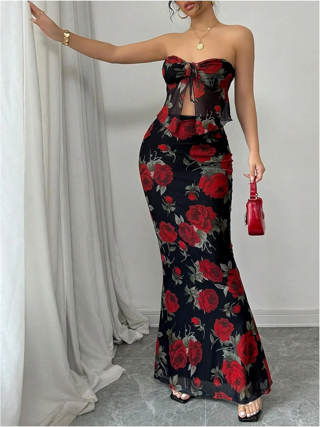 GORGLITTER Women's 2 Piece Skirt Sets Floral Mesh Strapless Tie Front Tops and Bodycon Long Maxi Skirt Summer Outfits