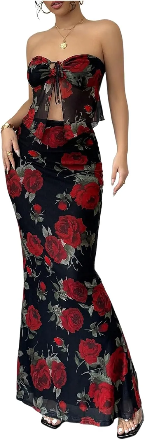 GORGLITTER Women's 2 Piece Skirt Sets Floral Mesh Strapless Tie Front Tops and Bodycon Long Maxi Skirt Summer Outfits