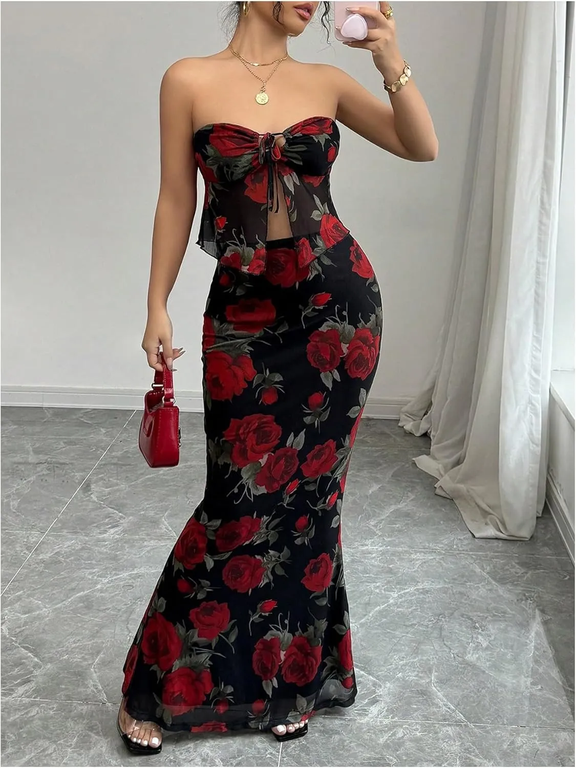GORGLITTER Women's 2 Piece Skirt Sets Floral Mesh Strapless Tie Front Tops and Bodycon Long Maxi Skirt Summer Outfits