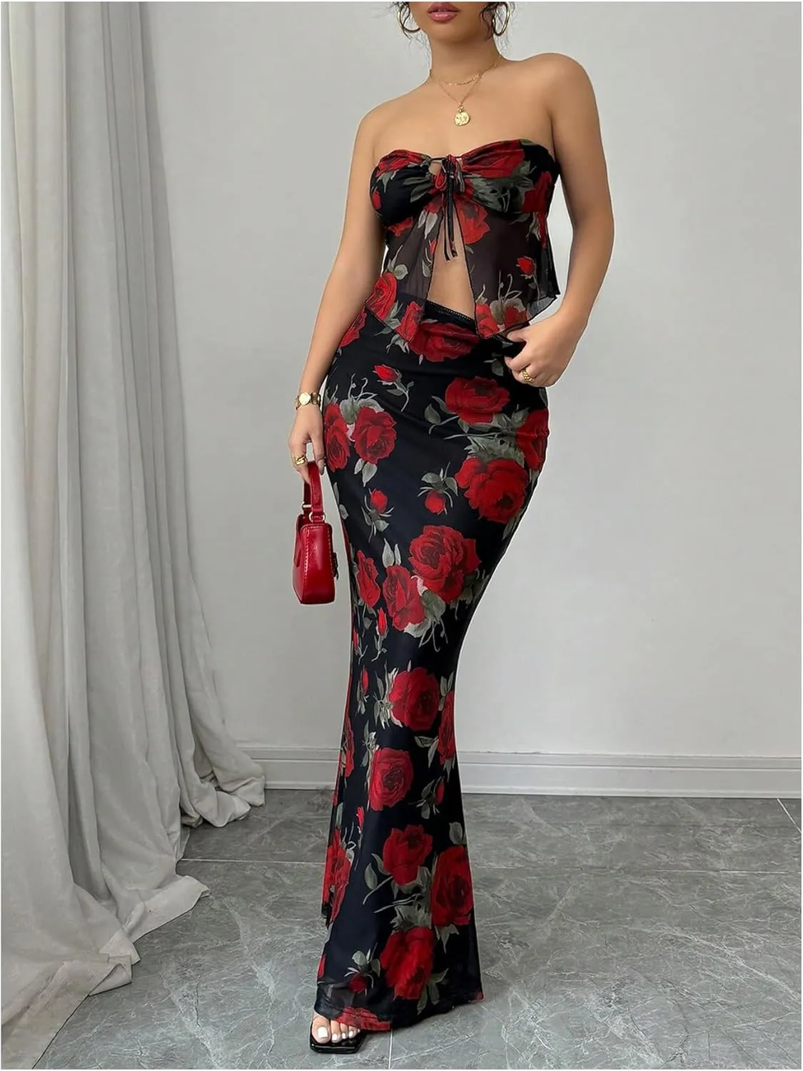 GORGLITTER Women's 2 Piece Skirt Sets Floral Mesh Strapless Tie Front Tops and Bodycon Long Maxi Skirt Summer Outfits