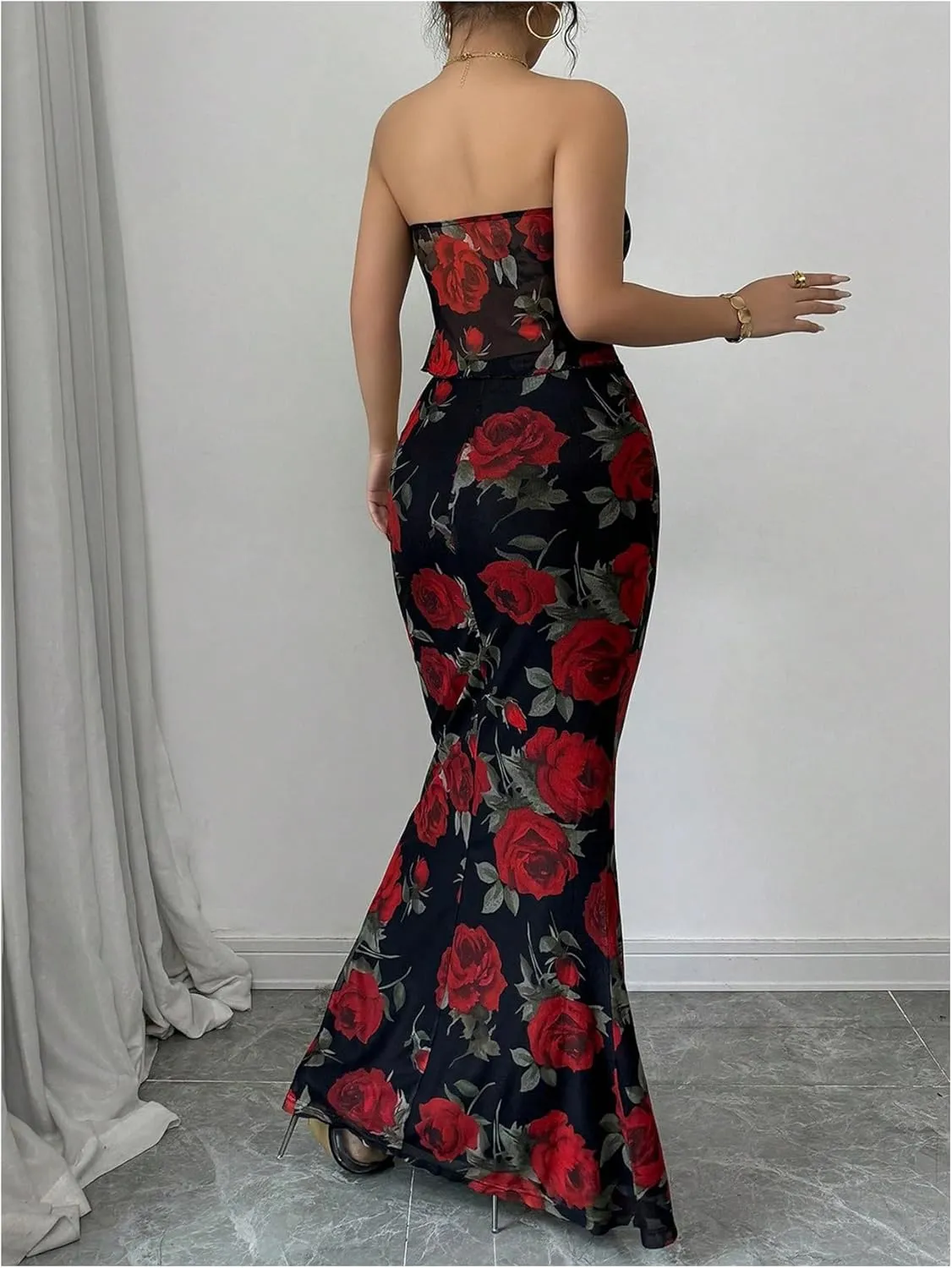 GORGLITTER Women's 2 Piece Skirt Sets Floral Mesh Strapless Tie Front Tops and Bodycon Long Maxi Skirt Summer Outfits
