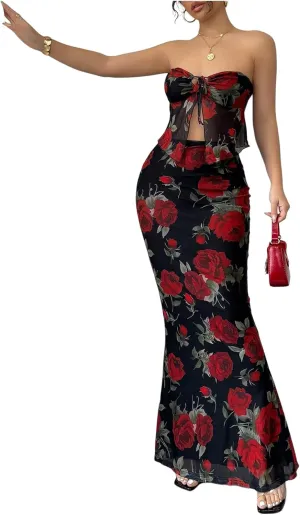 GORGLITTER Women's 2 Piece Skirt Sets Floral Mesh Strapless Tie Front Tops and Bodycon Long Maxi Skirt Summer Outfits