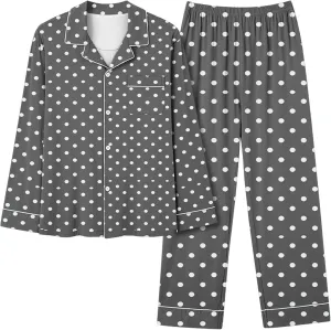 HGps8w Long Sleeve Pajamas Sets for Women Polka Dots Casual Button Down Sleepwear Tops with Long Pants Loungewear