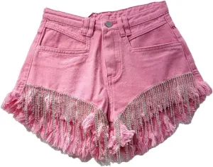Hot Pants Womens Denim Short Ripped High Waist Tassel Chain Slim Fit Straight Denim Shorts Women