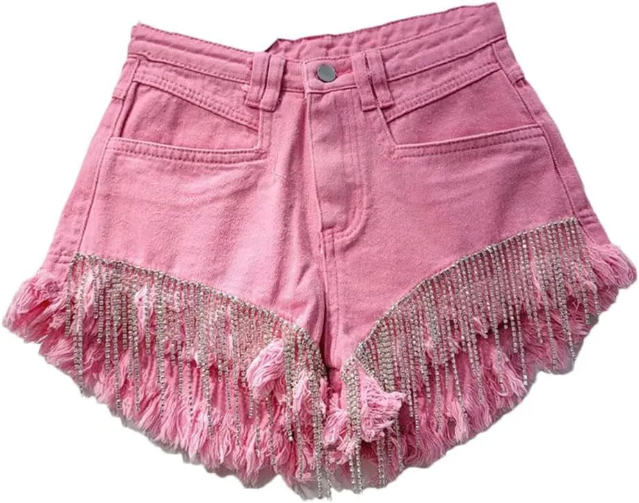 Hot Pants Womens Denim Short Ripped High Waist Tassel Chain Slim Fit Straight Denim Shorts Women