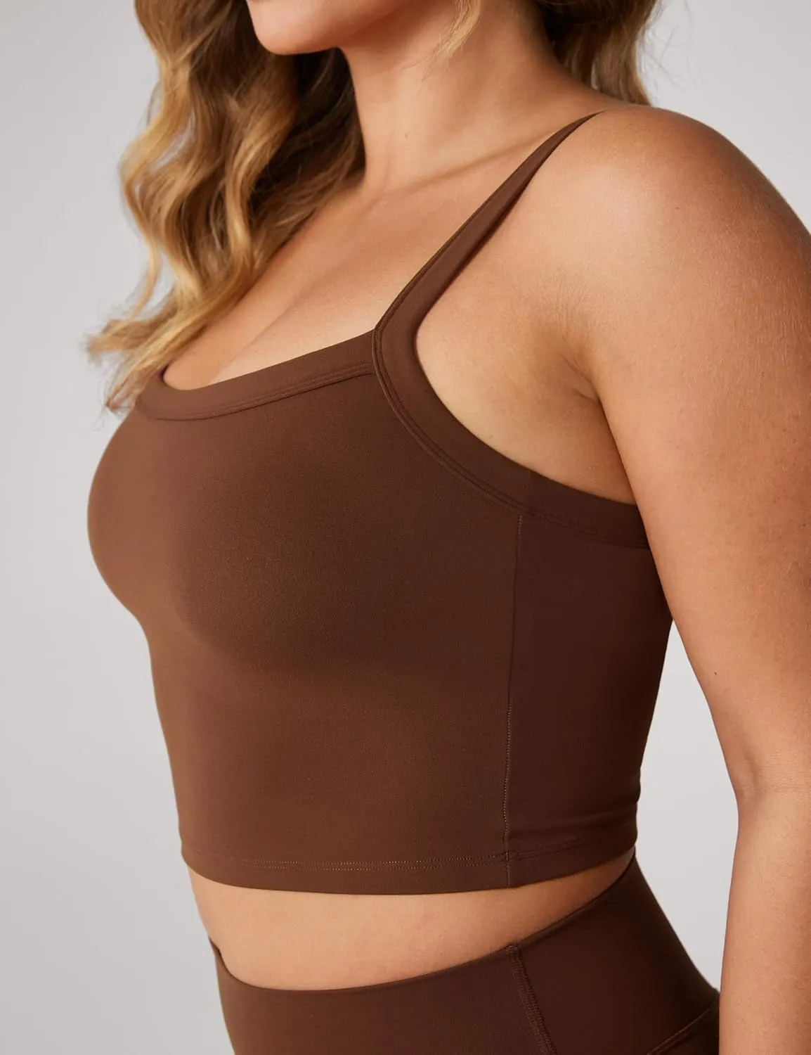 Hugcurve Adjustable Longline Sports Bra Square Neck Workout Tank Crop Tops for Women with Built in Bra Padded Camisole
