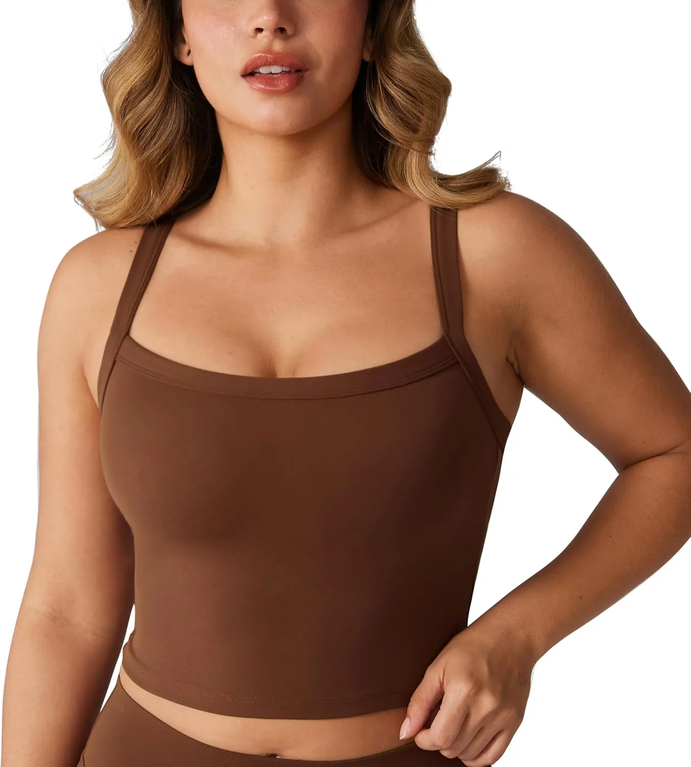 Hugcurve Adjustable Longline Sports Bra Square Neck Workout Tank Crop Tops for Women with Built in Bra Padded Camisole