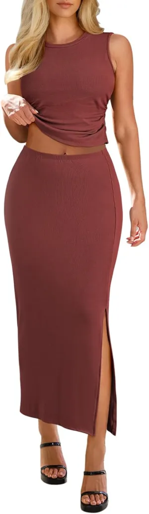 HUUSA Womens Two Piece Outfits Summer Bodycon Sleeveless Crewneck Crop Tank Tops Ribbed Split Long Skirt Dress Set