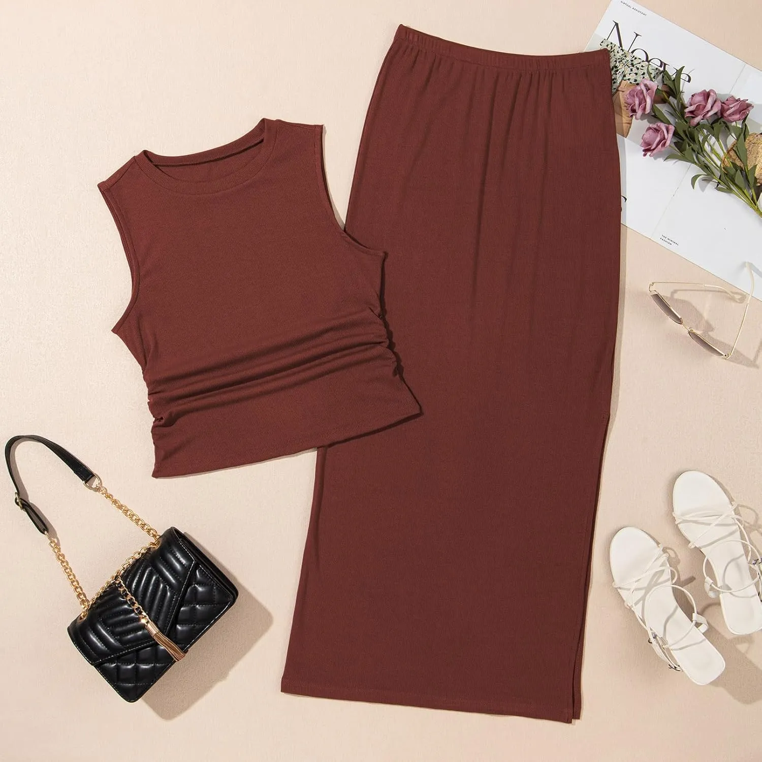 HUUSA Womens Two Piece Outfits Summer Bodycon Sleeveless Crewneck Crop Tank Tops Ribbed Split Long Skirt Dress Set