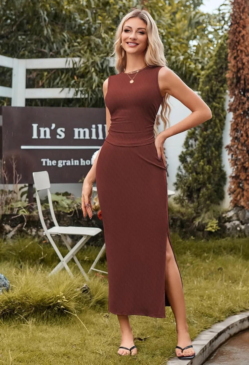 HUUSA Womens Two Piece Outfits Summer Bodycon Sleeveless Crewneck Crop Tank Tops Ribbed Split Long Skirt Dress Set