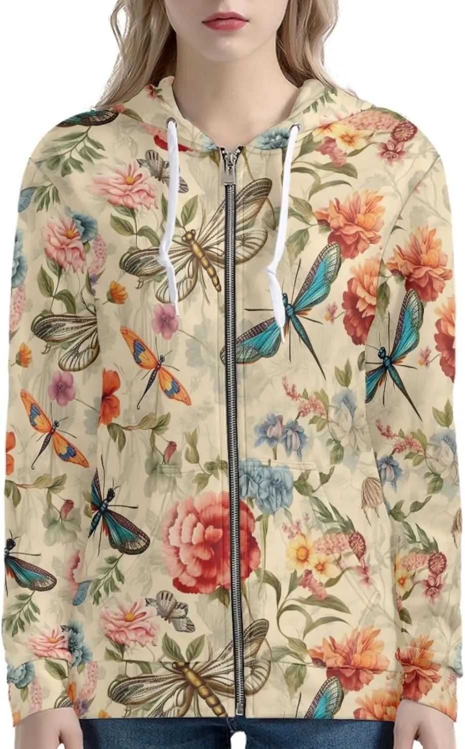 Irisjudy Color Stripes Zip up Hoodies for Women, Monet Art Sport Sweatshirt Women Ladies Hooded Tops for Spring Fall