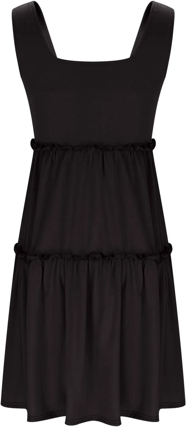 JOAU Womens Summer Casual Square Neck A Line Mini Sundress Sleeveless Flowy Ruffle Tiered Tank Dress Beach Vacation Outfits