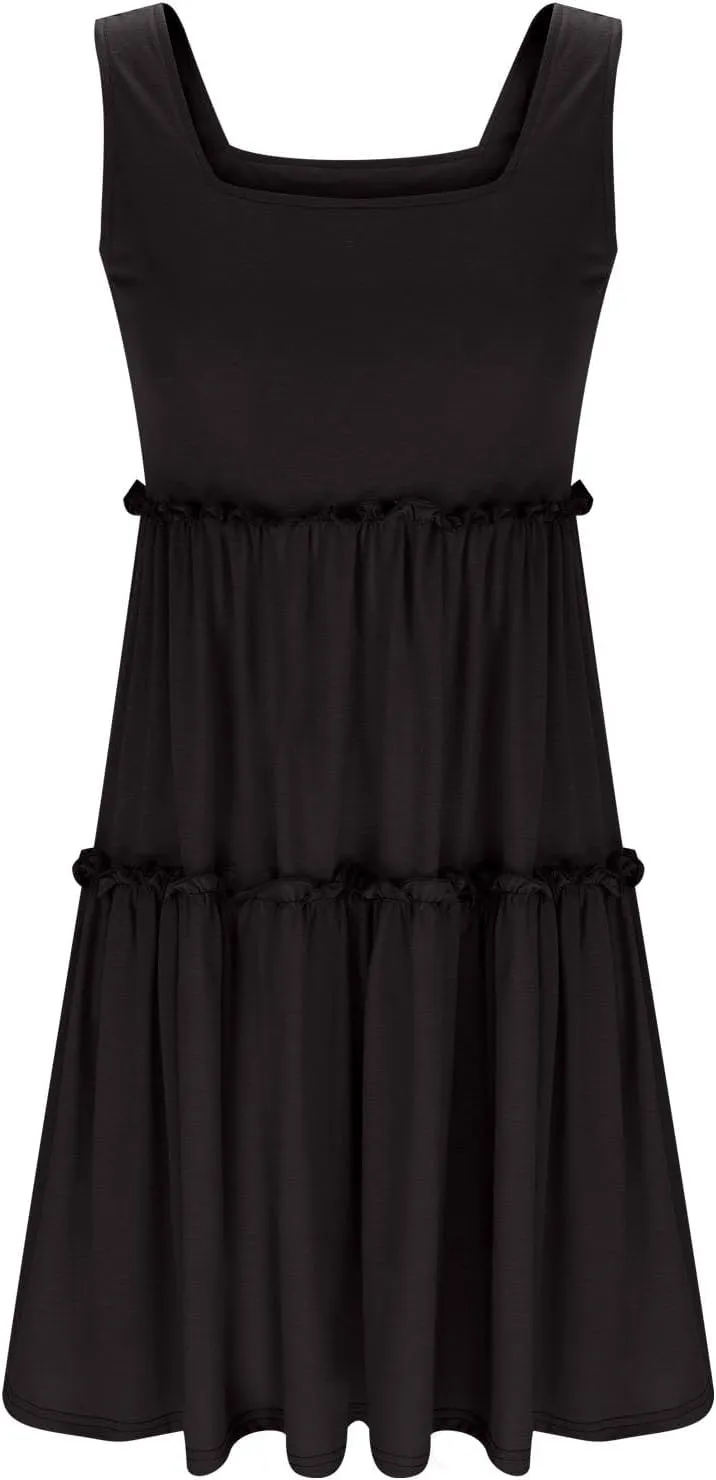 JOAU Womens Summer Casual Square Neck A Line Mini Sundress Sleeveless Flowy Ruffle Tiered Tank Dress Beach Vacation Outfits