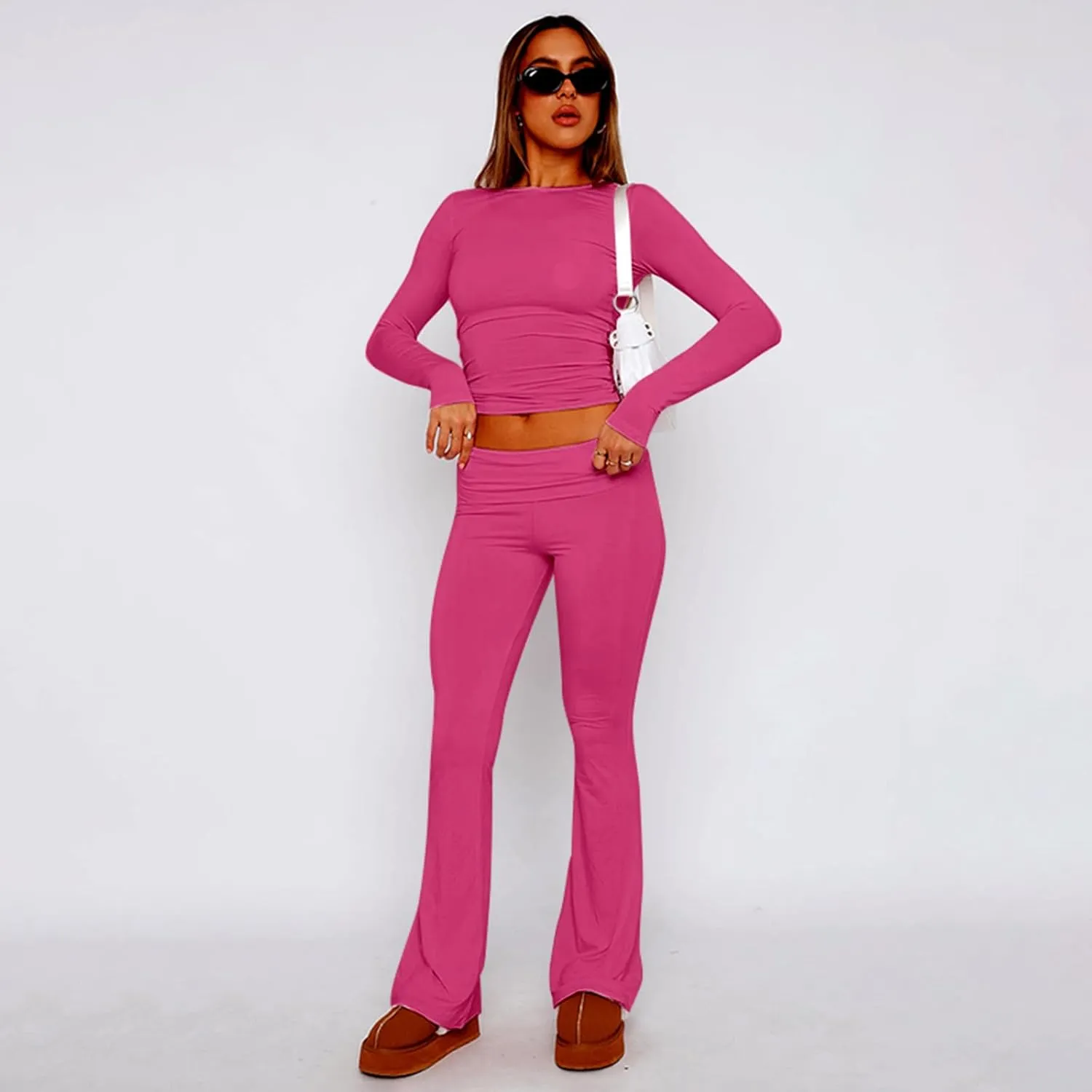 kaimimei Women's 2 Piece Lounge Outfits Slim Long Sleeve Tops High Waist Foldover Flare Leggings Sets Casual Yoga Sweatsuit