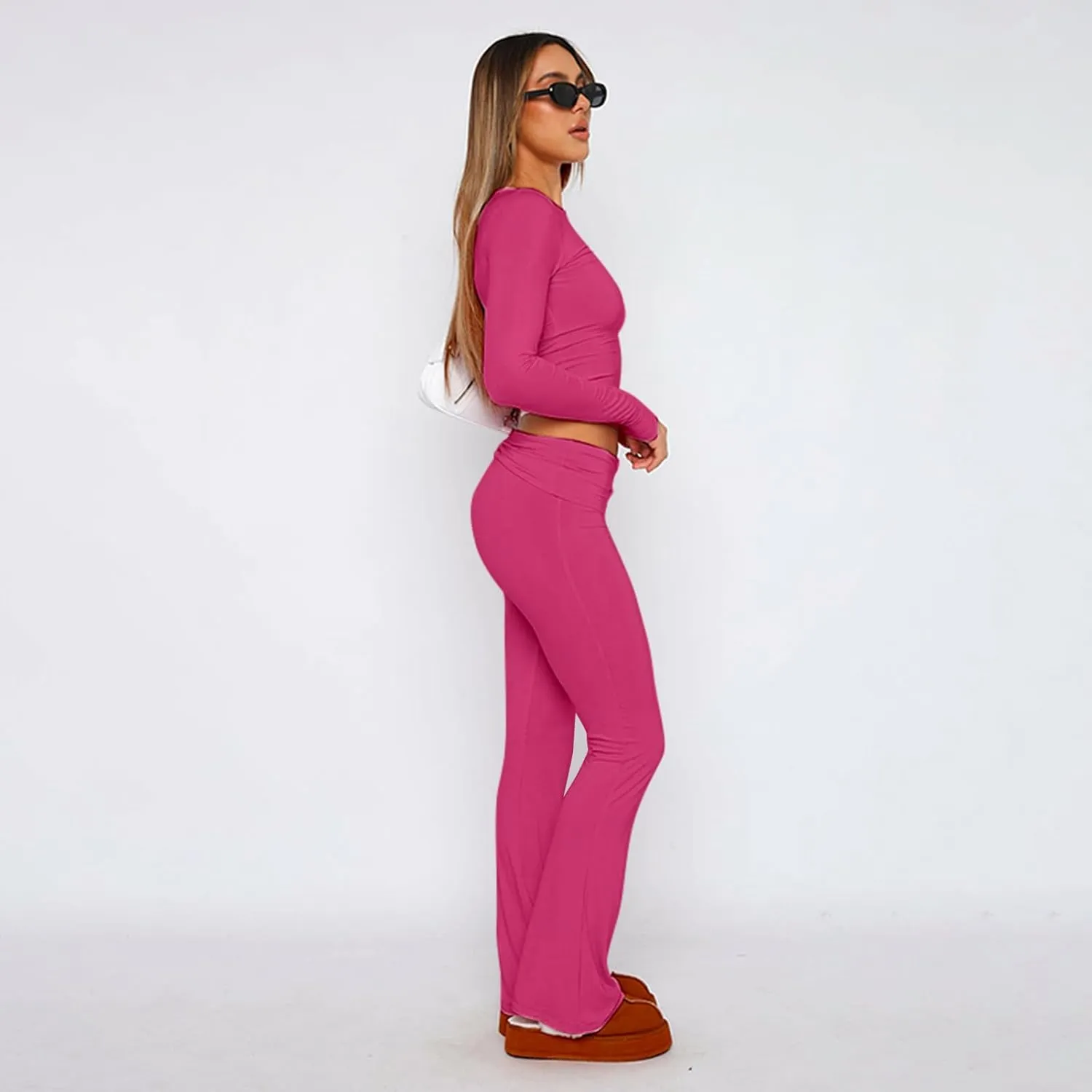 kaimimei Women's 2 Piece Lounge Outfits Slim Long Sleeve Tops High Waist Foldover Flare Leggings Sets Casual Yoga Sweatsuit