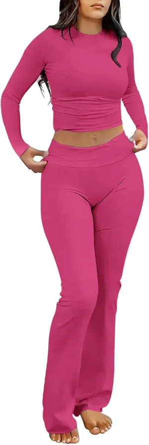 kaimimei Women's 2 Piece Lounge Outfits Slim Long Sleeve Tops High Waist Foldover Flare Leggings Sets Casual Yoga Sweatsuit