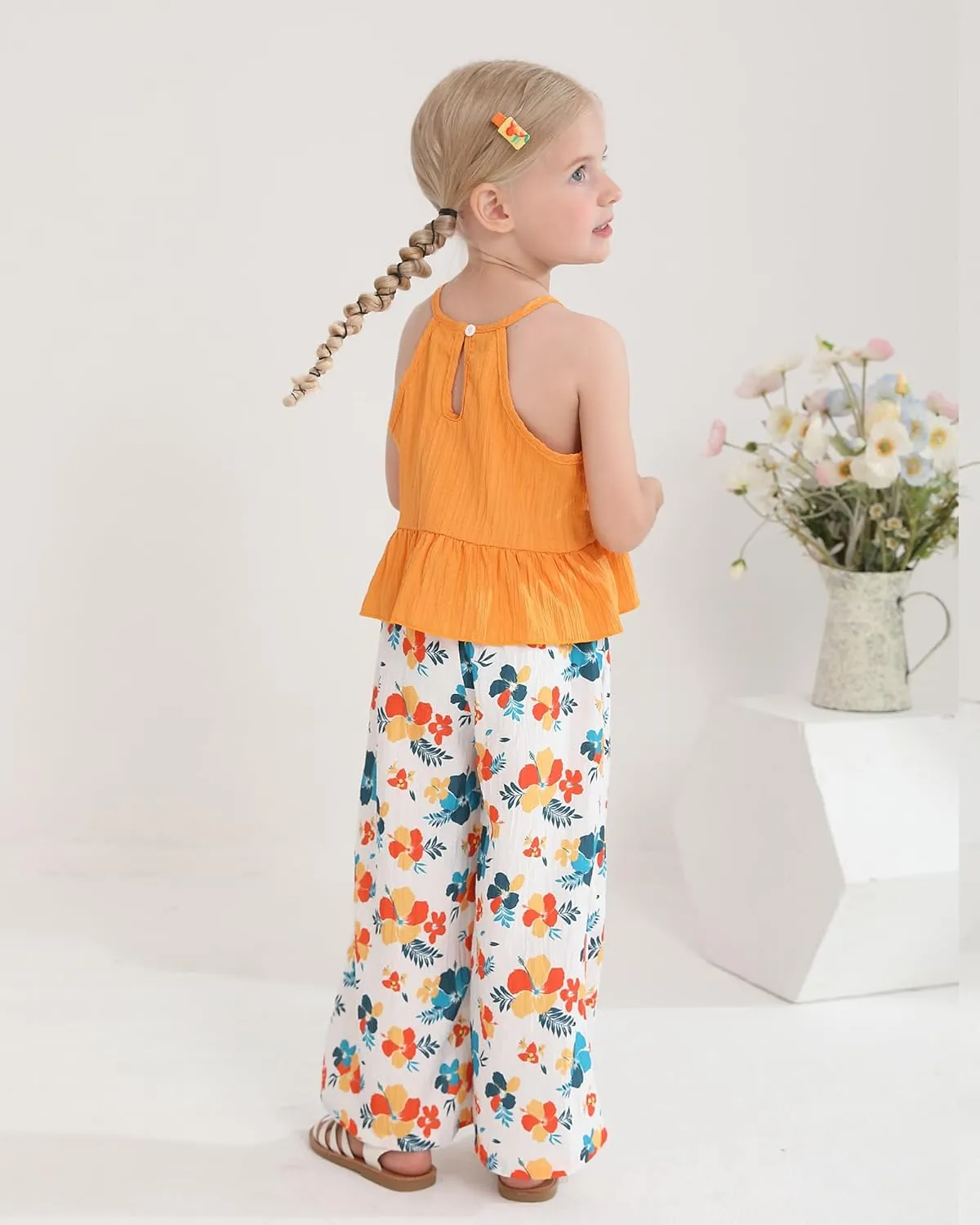 Kucnuzki Baby Girl Clothes Toddler Girl Summer Outfits Cami Ruffle Halter Tops Wide Leg Pants Kids Floral Clothing Set