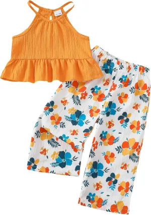 Kucnuzki Baby Girl Clothes Toddler Girl Summer Outfits Cami Ruffle Halter Tops Wide Leg Pants Kids Floral Clothing Set
