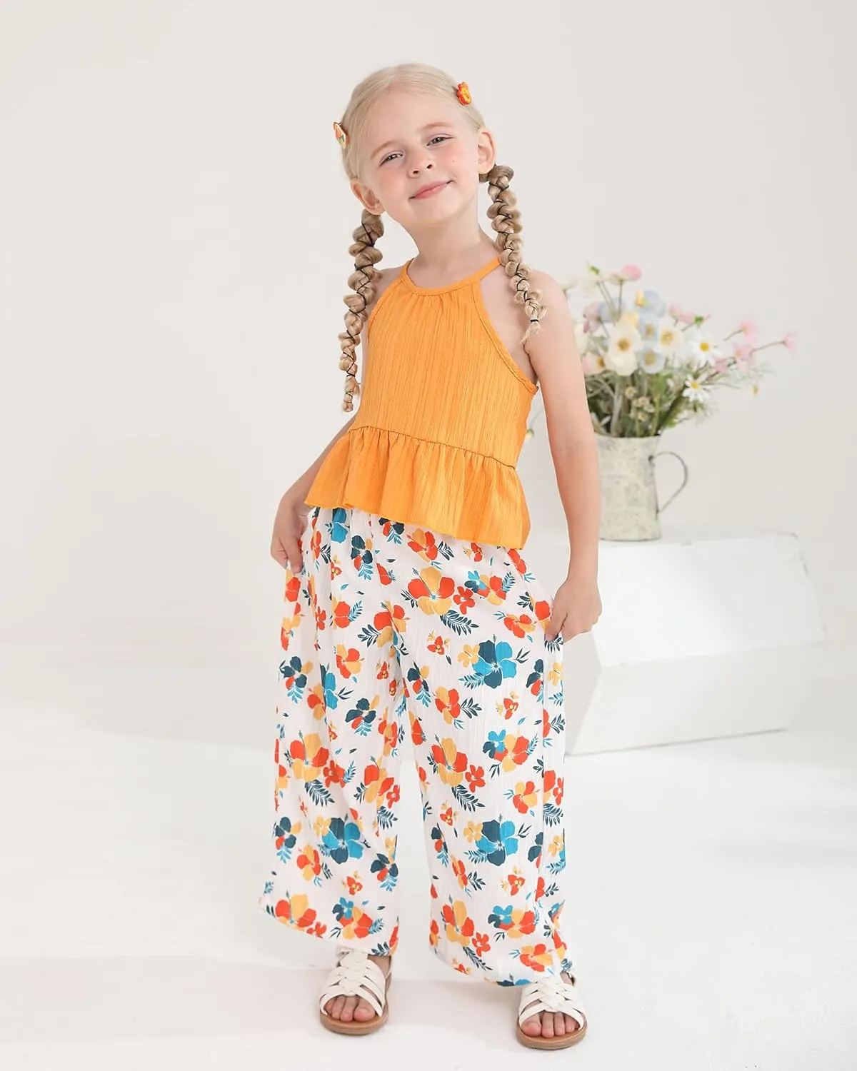 Kucnuzki Baby Girl Clothes Toddler Girl Summer Outfits Cami Ruffle Halter Tops Wide Leg Pants Kids Floral Clothing Set