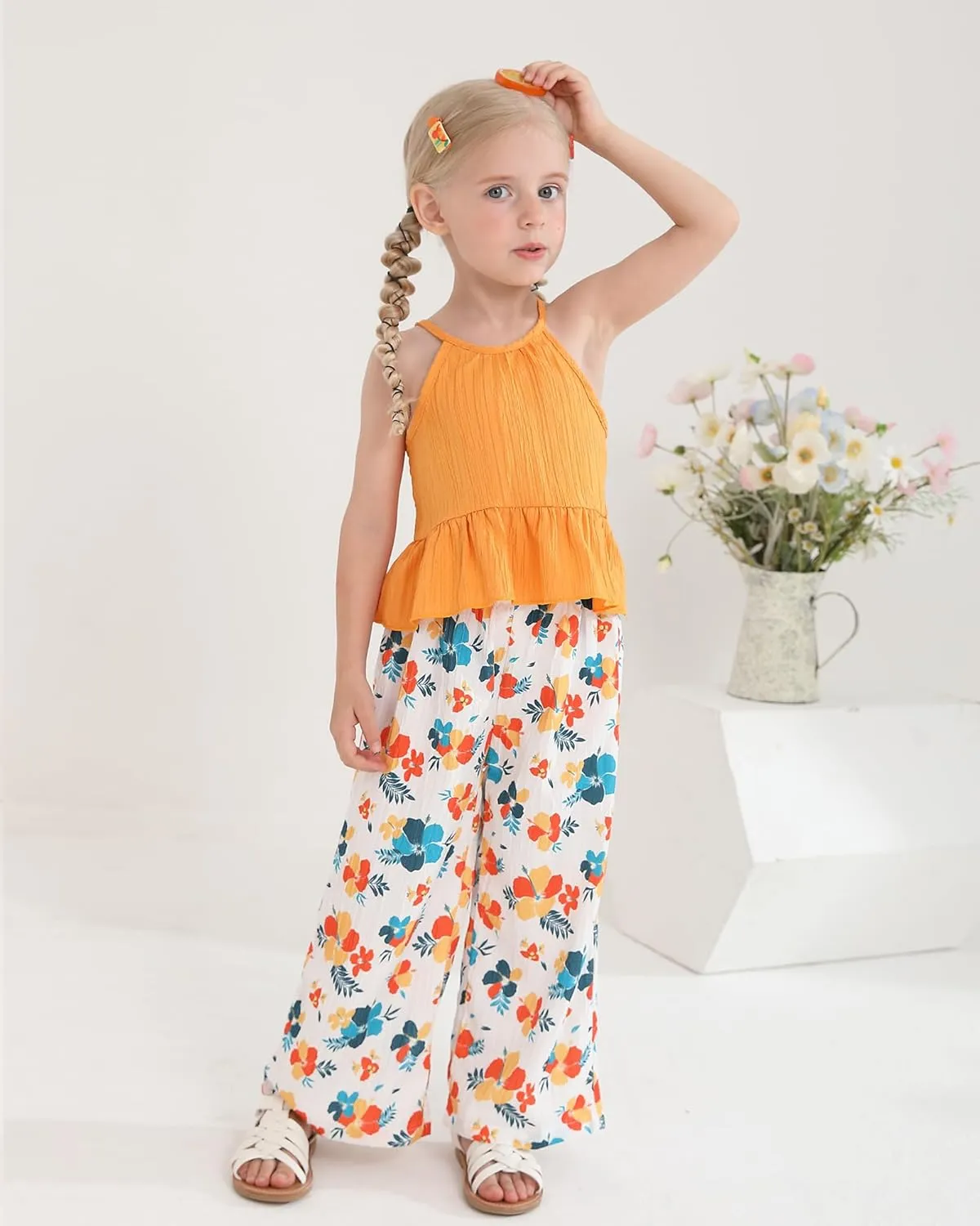 Kucnuzki Baby Girl Clothes Toddler Girl Summer Outfits Cami Ruffle Halter Tops Wide Leg Pants Kids Floral Clothing Set