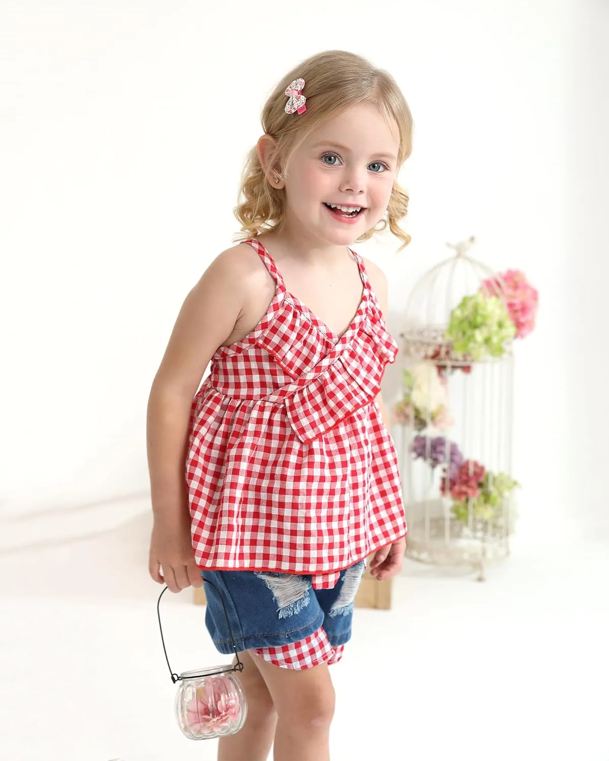 Kucnuzki Baby Girl Clothes Toddler Girl Summer Two Piece Outfit Kids Ruffle Sleeveless Plaid Tops Denim Jeans Shorts Set